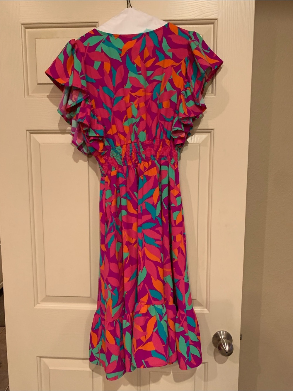 Vibrant Pink Leaf-Print Mini Dress
